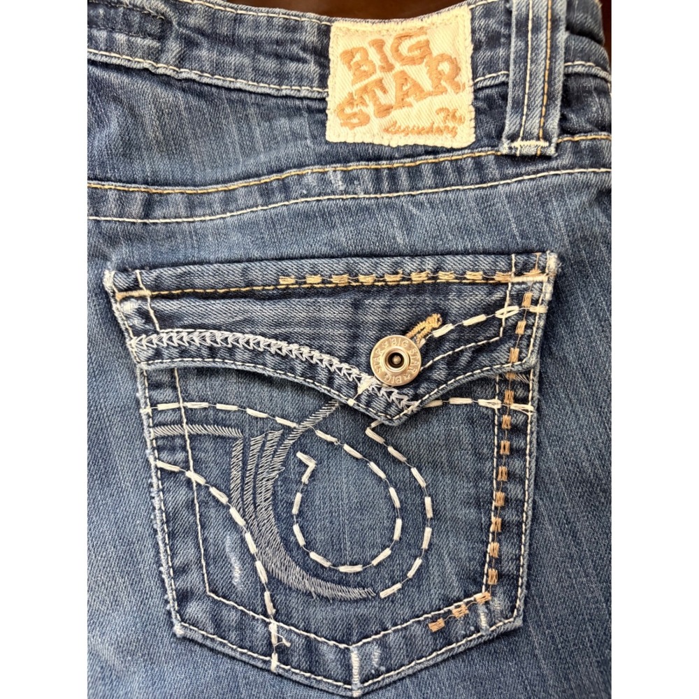 BIG STAR MADDIE Mid Rise Bootcut Jeans Sz 29L Embroidered Pockets Frayed Hem